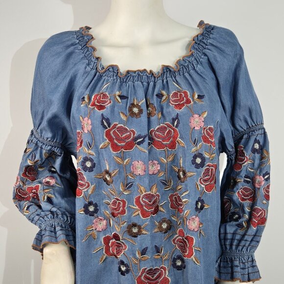 John Mark Women's Blouse Size L Midnight Blue Embroidered  Indian Summer (38) - Picture 2 of 12